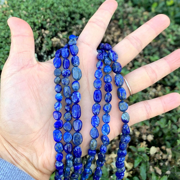Natural Blue Lapis Lazuli Crystals Gemstone Oval Tumbled Pebble Beads, Irregular, 6mm to 8mm, Hole ID 1mm, 15 Inch/1 Strand, GZ11-40