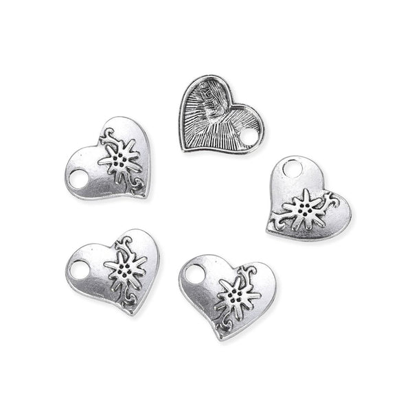20pcs Cute Flower Heart Charms, 20mm One Sided Heart Drop Pendants, Antique Silver, MC-D23