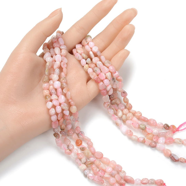 Natural Pink Opal Gemstone Oval Tumbled Pebble Beads, Irregular, 6mm to 8mm, Hole ID 1mm, 15 Inch/1 Strand, GZ11-4