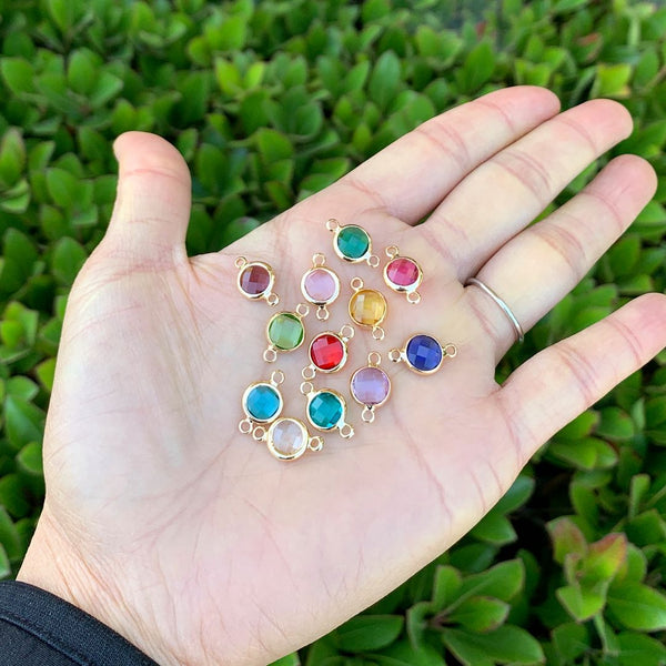 1 Set/12pcs Grade A Mixed Birthstone Charm Links, 18K Yellow Gold Plated Brass, Size Selections: 6mm/8mm