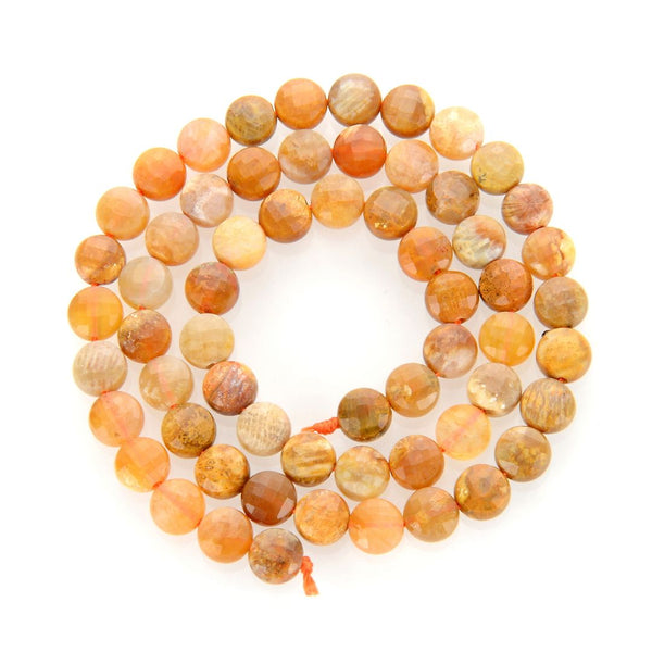 Natural Fossil Coral Chrysanthemum Gemstone Faceted Flat Round Coin Beads, 6mm, Hole ID 1mm, 15 Inch/1 Strand, GZ13-8