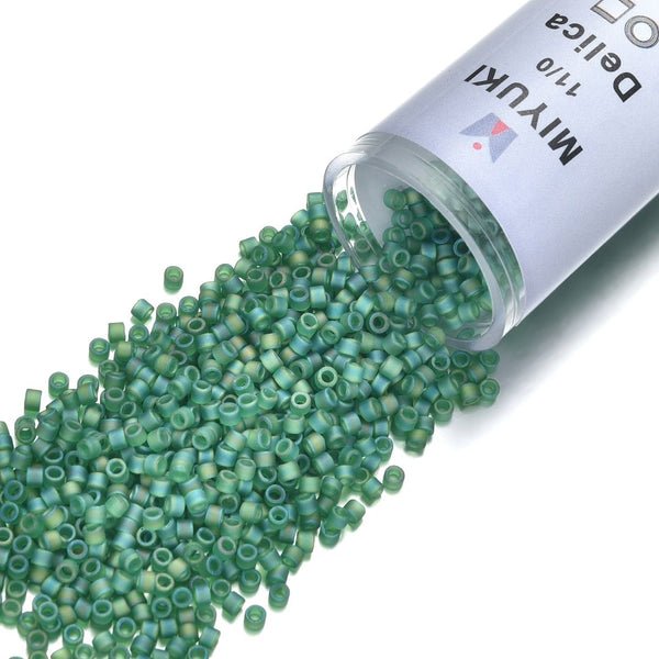 7.5g Miyuki Delica 11/0 Seed Beads, Translucent Matte Rainbow Green DB858