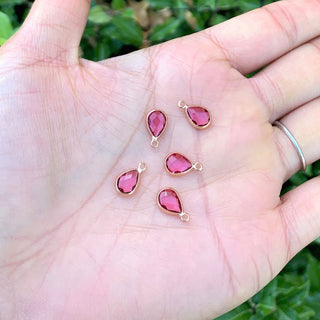 10pcs Grade A July Ruby Teardrop Birthstone Charm Drop, 18K Yellow Gold Plated Brass, Size Selections: 11x7mm, 14x8mm, 16x9mm