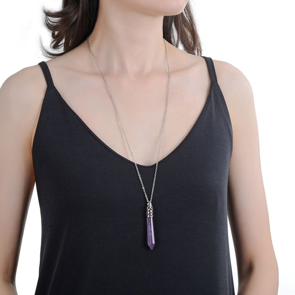 1pc Natural Purple Amethyst Crystal Hexagonal Pile Gemstone Pendant Necklace, 26 Inch Surgical Stainless Steel Chain, GGP-BB4