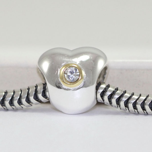 1pc Solid 925 Sterling Silver Heart Bead Charm Cubic Zirconia CZ, Compatible with Pandora All Other Charm Bracelet, EC10