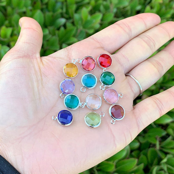 10pcs Grade A September Sapphire Blue Birthstone Charm Drop, Sterling Silver Plated Brass, Size Selections: 6mm/8mm/10mm