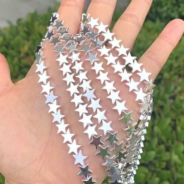 Grade A Natural Hematite Gemstone Star Beads, Silver Plated, 15 Inch/1 Strand, 8mm, Hole ID 1mm, GFC-G2