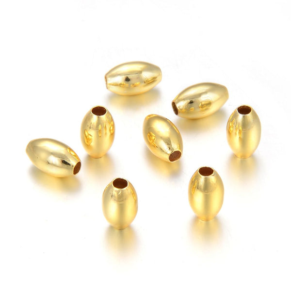 500pcs Tarnish Resistant Oval Beads, 18K Yellow Gold Plated Brass, Size Selections: 7x4mm, 8x5mm, 10x6mm, 12x7mm