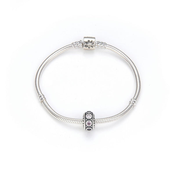 1pc 925 Sterling Silver October Birthstone Bead Charm, Pink Tourmaline Cubic Zirconia CZ, 11x6.8mm, Hole ID 4.5mm, EC1-A10