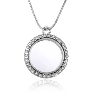 1pc Living Memory Floating Locket Necklace, 30mm Cubic Zirconia CZ Diamond Round Pendant, 28 Inch Stainless Steel Chain, MCL287