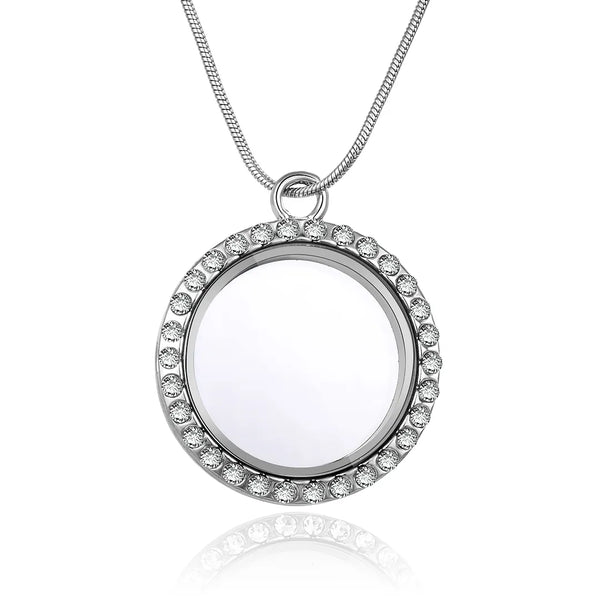 1pc Living Memory Floating Locket Necklace, 30mm Cubic Zirconia CZ Diamond Round Pendant, 28 Inch Stainless Steel Chain, MCL287
