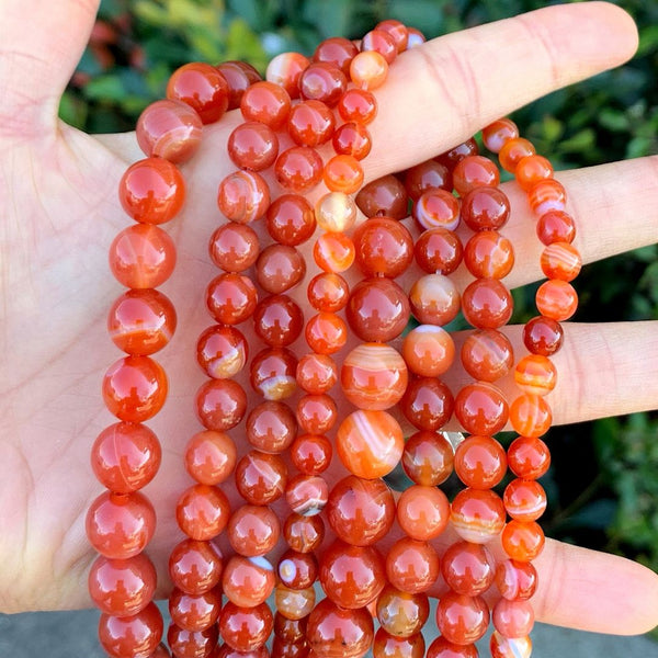 AAA Natural Banded Orange Red Agate Gemstone Round Beads, 15 Inch/1 Strand, Size Selections: 4mm/6mm/8mm/10mm