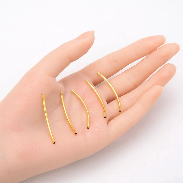 20pcs Tarnish Resistant Curved Noodle Tubes, 18K Yellow Gold Plated Brass, Hole ID 1.5mm, Length Selections: 25/30/35/40/50mm