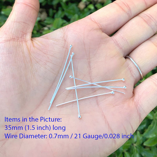 20pcs 925 Sterling Silver Ball Headpin Head Pins, 0.7mm/21 Gauge, Length Selections: 18mm/25mm/30mm/35mm