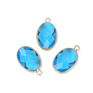 10pcs Grade A March Aquamarine Blue Oval Birthstone Charm Drops, 18K Yellow Gold Plated Brass, 18x13mm, CCP6-G3