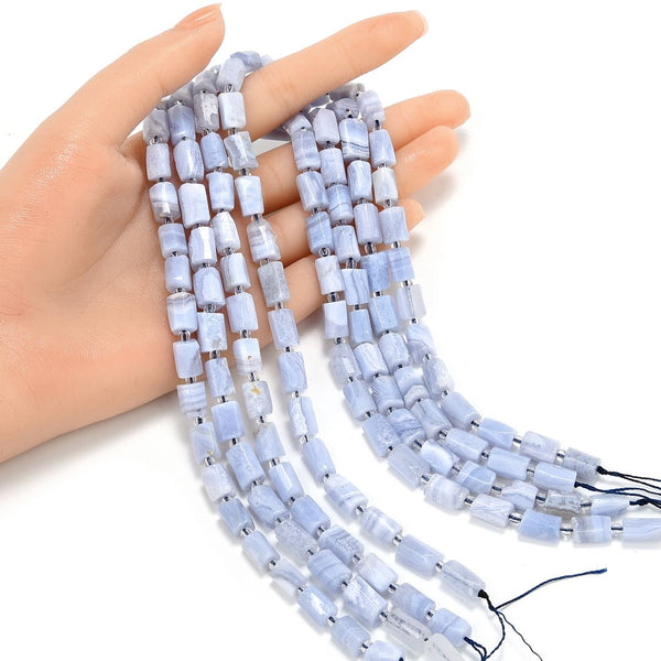 Natural Blue Lace Agate Gemstone Faceted Tube Beads, 12x7mm, Hole ID 1mm, 15 Inch/1 Strand, GZ8-17