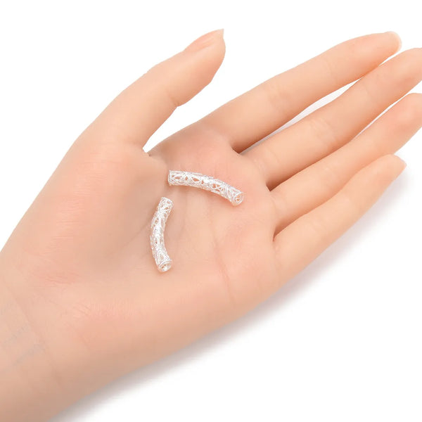 10pcs Large Hole Filigree Flower Curved Noodle Tube Beads, Sterling Silver Plated Brass, 30mm Long, Hole ID 3.5mm, CF51-S