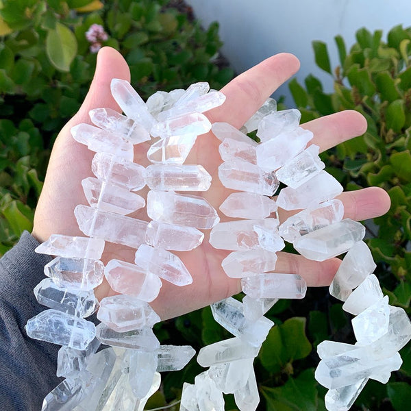 1 Strand Natural Raw Clear Crystal White Quartz Gemstone Bead Sticks, Large Drilled Stone Stone Points, 15 Inch, GA-E1