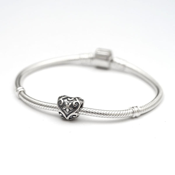 1pc Solid 925 Sterling Silver Floral Heart Charm Love Bead, Compatible with Pandora All Other Charm Bracelet, EC231