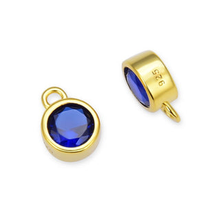 2pcs 925 Sterling Silver 6mm September Birthstone Charm Drop Pendants, Real 18K Yellow Gold Plated, Sapphire Blue Cubic Zirconia Gemstone, SXP7-9