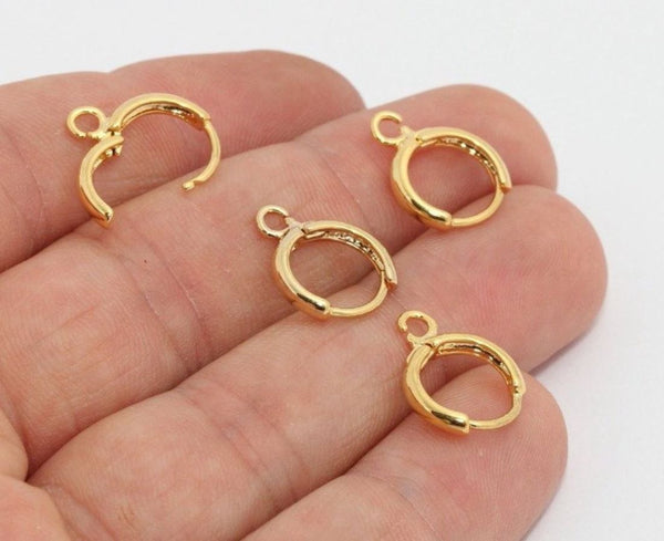 50pcs Round Hoop Huggie Leverback Earring Hooks, Open Ring, 18K Yellow Gold Plated Brass, 14mm, CF262-2