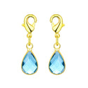 2pcs Clip On Dangle March Aquamarine Blue Birthstone Charm Drops, Tarnish Resistant, 18K Yellow Gold Plated Lobster Clasp, BL8-3