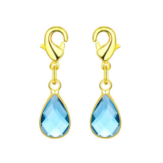 2pcs Clip On Dangle March Aquamarine Blue Birthstone Charm Drops, Tarnish Resistant, 18K Yellow Gold Plated Lobster Clasp, BL8-3