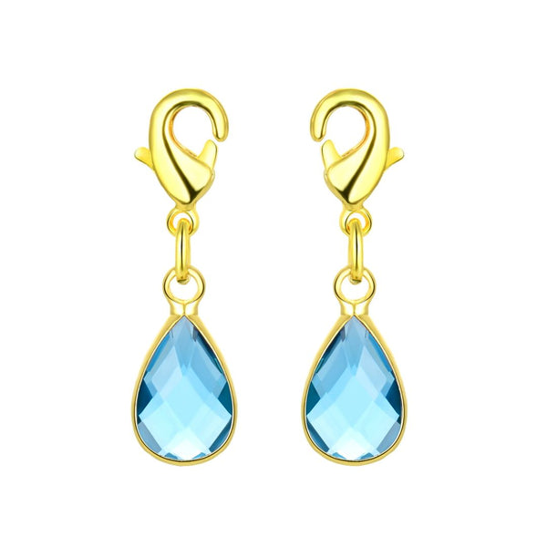 2pcs Clip On Dangle March Aquamarine Blue Birthstone Charm Drops, Tarnish Resistant, 18K Yellow Gold Plated Lobster Clasp, BL8-3