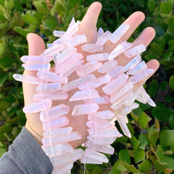 1 Strand Natural Raw Crystal Quartz Gemstone Beads, Medium Size Drilled Stone Points, Rose Pink AB Titanium Coated Gem Stick, 15 Inch, GA-D8