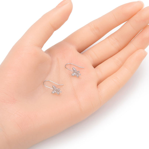 2 Pairs 925 Sterling Silver Fancy Butterfly Design Fish Earring Hooks, Cubic Zirconia CZ, Tarnish Resistant Rhodium Plated, 19mm, SS34