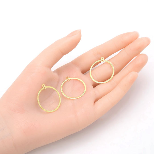 10pcs 25mm Large 2 -Hole Round Circle Drop Pendants, Tarnish Resistant, 18K Yellow Gold Plated Brushed Brass, BF-A4