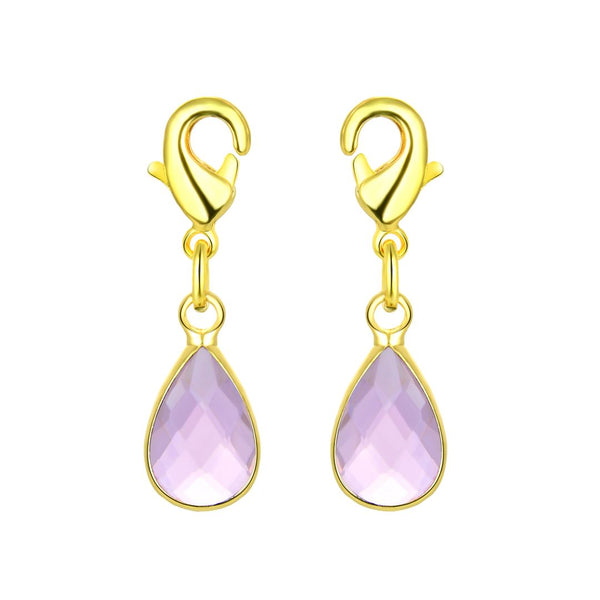2pcs Clip On Dangle October Light Rose Pink Birthstone Charm Drops, Tarnish Resistant, 18K Yellow Gold Plated Lobster Clasp, BL8-10