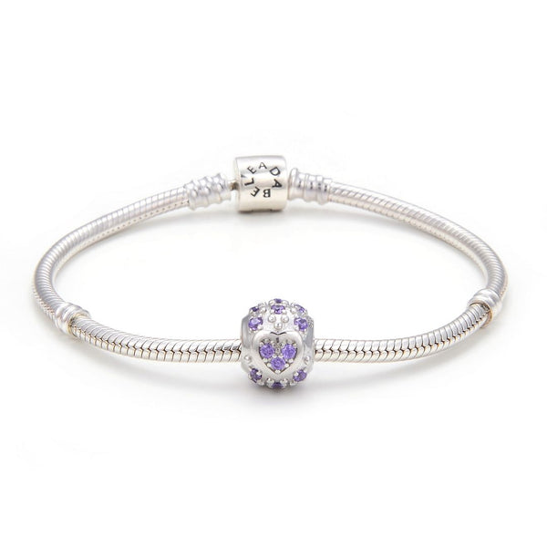 1pc 925 Sterling Silver Round Heart Pattern February Birthstone Bead Charm, Purple Amethyst Cubic Zirconia CZ, 11x9mm, Hole ID 4.5mm, EC1-H2