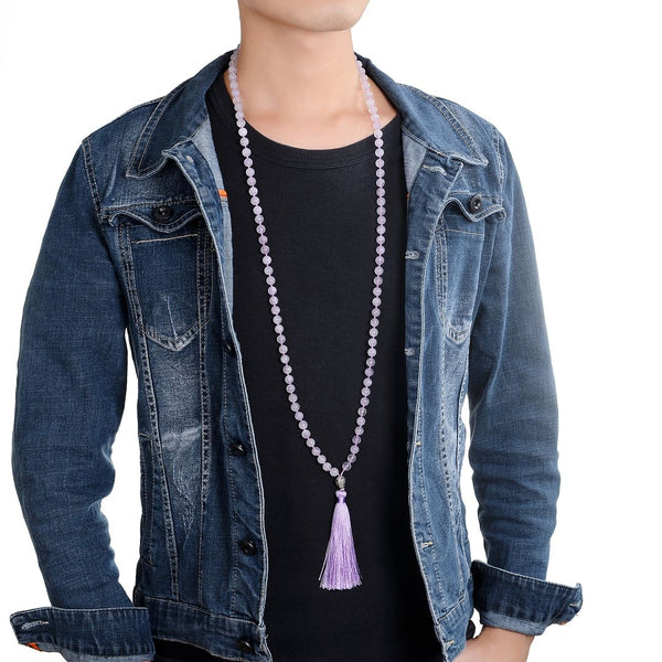 Adabele Premium 108 Mala Bead Tassel Necklace, 8mm Natural Purple Lavender Jade Gemstone, Buddhist Japa Prayer Beaded Jewelry RGN21