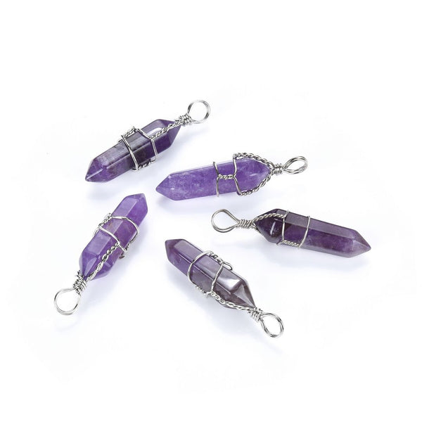 1 Set/5pcs Natural Bullet Point Gemstone Pendant Drops, 38mm, (Amethyst, Rose Quartz, Tiger Eye, Aventurine, Clear Crystal), with 1pc Leather Cord Necklace, G2P-S1