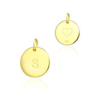 1pc 925 Sterling Silver 12mm Letter S Charm, Real 18K Yellow Gold Plated, Heart Engraved, Name Initial Disc Coin Pendant Drop, SLP-G19