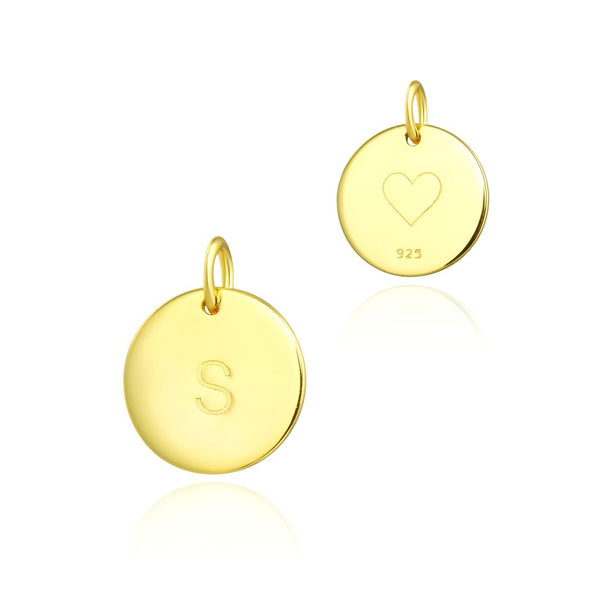 1pc 925 Sterling Silver 12mm Letter S Charm, Real 18K Yellow Gold Plated, Heart Engraved, Name Initial Disc Coin Pendant Drop, SLP-G19