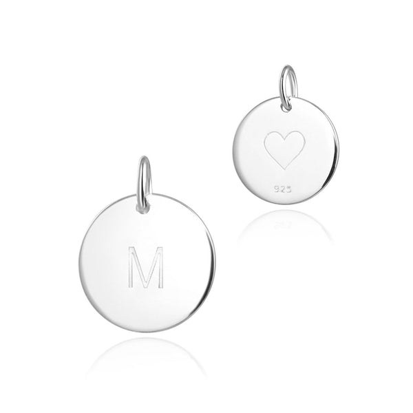 1pc 925 Sterling Silver 12mm Letter M Charm, Heart Engraved, Name Initial Disc Coin Pendant Drop, SLP-S13