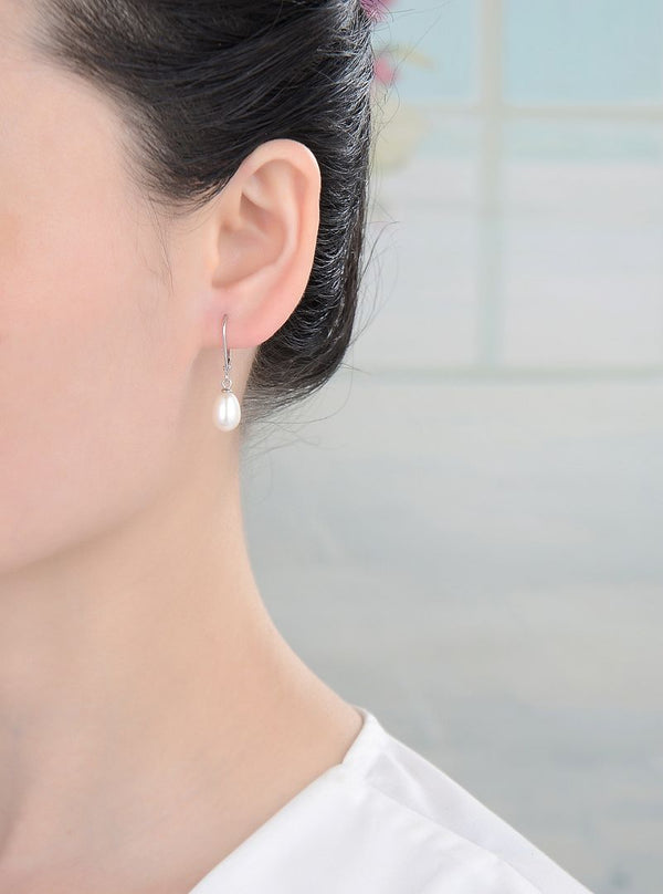 1 Pair 925 Sterling Silver Dangle Baroque Pearl Earrings, AAA Grade High Luster Freshwater Cultured 9x7mm Teardrop Pearls, PE3-2