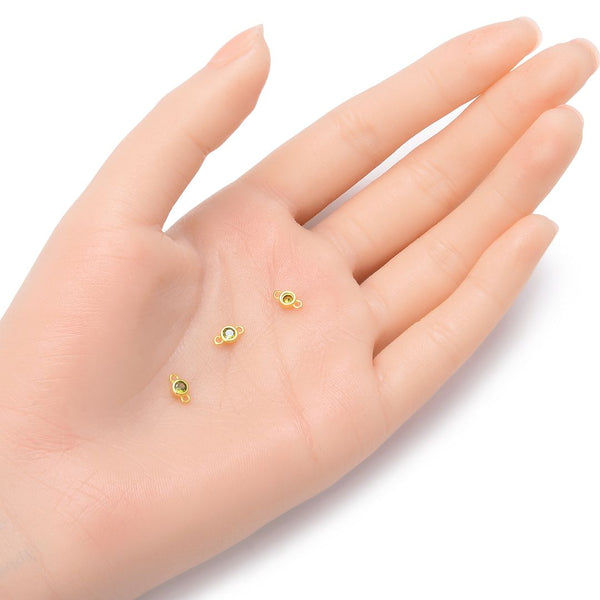 2pcs 925 Sterling Silver 4mm Tiny August Birthstone Links, Real 18K Yellow Gold Plated, Peridot Green Cubic Zirconia Gemstone Connector, SXP5-8