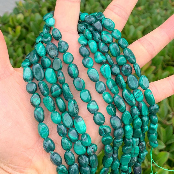 Natural Green Malachite Gemstone Oval Tumbled Pebble Beads, Irregular, 7mm to 10mm, Hole ID 1mm, 15 Inch/1 Strand, GZ12-79