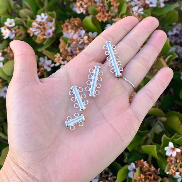 1pc Sterling Silver 5 Strands Multi-Strand Slide Lock Tube Clasp Set, Tarnish Resistant Rhodium Plated, 30mm Long, SS92-5
