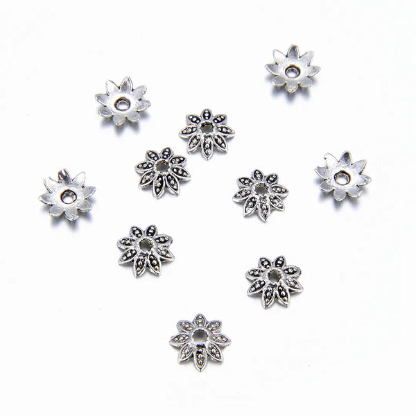 200pcs 8-Petal Flower Bead Caps, 7mm Bead End Caps, Antique Silver, MC-AB13