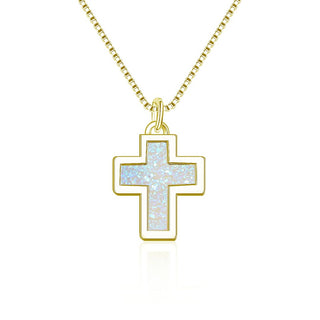 1pc Natural Druzy Crystal Pendant Necklace, Clear AB Cross Drop Small Gemstone Pendant, 18 inch Gold Plated Stainless Steel Chain, GGP20-5