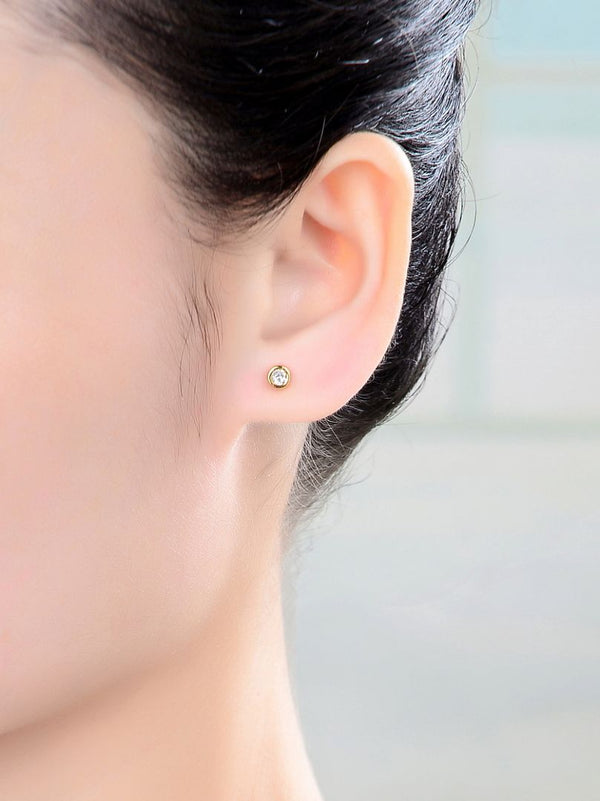 1 pair 18K Yellow Gold Plated Sterling Silver 4mm Bezel Stud Earrings, Round Cut Cubic Zirconia CZ Diamond, Small Tiny, SSE77-4