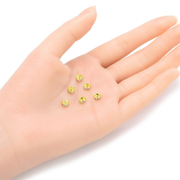 100pcs Grade A Rhinestone Rondelle Beads, Clear Rhinestone, 18K Yellow Gold Plated Brass, Size Selections: 4mm/5mm/6mm/8mm/10mm/12mm