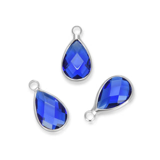 10pcs Grade A September Sapphire Blue Teardrop Birthstone Charm Drop, Sterling Silver Plated Brass, Size Selections: 11x7mm, 14x8mm, 16x9mm