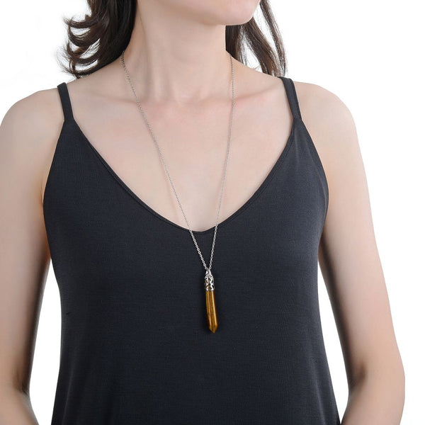 1pc Natural Brown Yellow Tiger Eye Hexagonal Pile Gemstone Pendant Necklace, 26 Inch Surgical Stainless Steel Chain, GGP-BB1