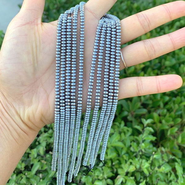 Grade A Natural Hematite Gemstone Rondelle Beads, White Gold Plated, 2 Strands/380pcs Beads, 4x2mm/Small, Hole ID 1mm, GFC7-4