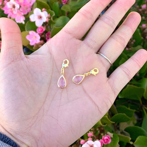 2pcs Clip On Dangle October Light Rose Pink Birthstone Charm Drops, Tarnish Resistant, 18K Yellow Gold Plated Lobster Clasp, BL8-10